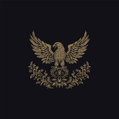 Fototapeta premium Majestic golden eagle vector illustration with large open wings, perched atop an elaborate ornamental leaf wreath or floral flourish.