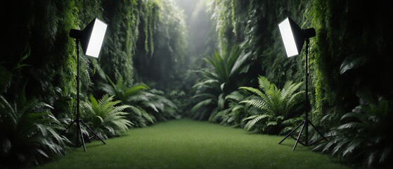 vibrant green foliage backdrop in lush tropical studio environment | backdrop, nature, tropical, film, photography theme