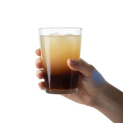 Fototapeta premium Hand holding a two-toned, iced drink against black background