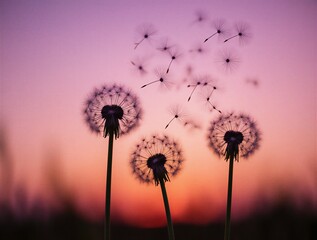 pink dandelion seeds floating gently in warm sunset light | nature, serenity, beauty, spring, warmth theme