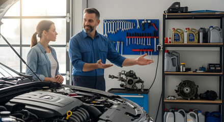 Professional auto mechanic explaining car service details to a female client in a repair shop