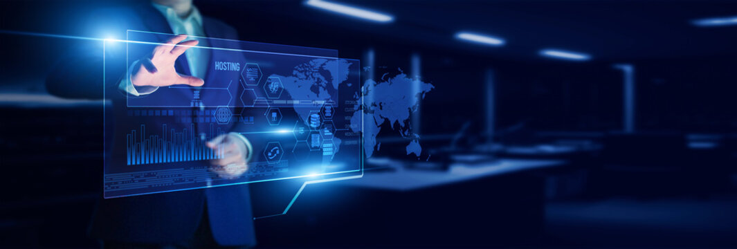 An IT expert is pointing to a hosting control panel with an analysis of server uptime, website performance, bandwidth usage, data backup, and cloud infrastructure reliability.