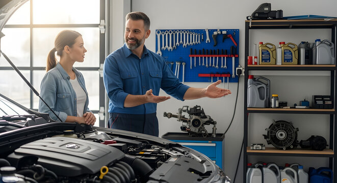 Professional auto mechanic explaining car service details to a female client in a repair shop - Powered by Adobe