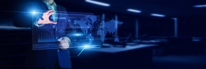 Data scientist pointing to a machine learning model with analyzing algorithm accuracy, data patterns, predictive analytics, training performance, and AI-driven insights.