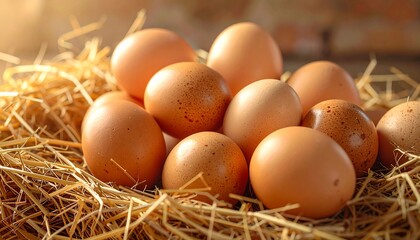 Fresh Brown Eggs Nestled in Straw with Organic Farmhouse Breakfast Ingredient.