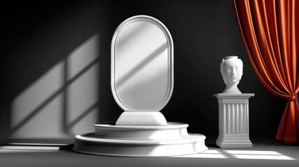 Elegant White Display with Bust and Mirror Surrounded by Dramatic Shadows and Rich Curtain in a Modern Studio