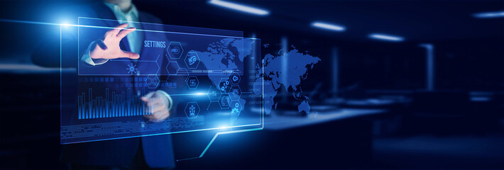 Administrator pointing to system settings dashboard with analyzing configuration options, performance tuning, access control, operational efficiency, and data stability.