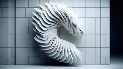 Abstract White Sculptural Form with Dynamic Layers and Textures Against Minimalist Wall Background