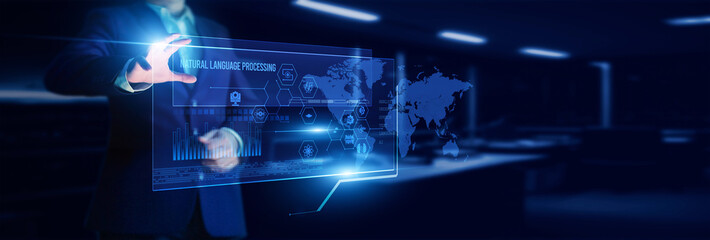 AI researcher pointing to a natural language processing interface with analyzing linguistic...