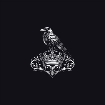 Elegant vintage engraving illustration of a crow or raven perched upon a royal crown adorned with ornate, swirling Baroque and Rococo design elements