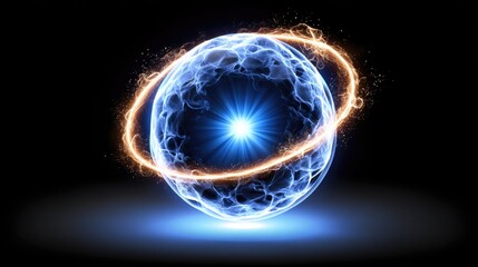 Blue Energy Sphere with Glowing Halo and Swirling Light Effects on Dark Background