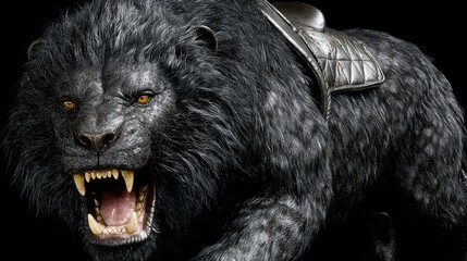 Fierce Black Creature with Yellow Eyes and Saddle, 3D Rendering of a Powerful Beast in Dark Environment