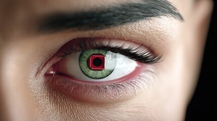 Creative Close-up of a Human Eye with Unusual Green Color and Digital Element for Innovative Visual Concepts