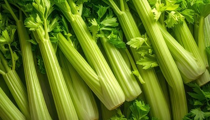 Fototapeta premium Fresh Celery Stalks with Green Leaves Healthy Vegetable Background CloseUp.