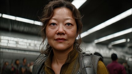Close-up Portrait of a Woman with Natural Makeup in a Futuristic Urban Environment