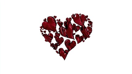 Red satin hearts arranged in a large heart shape on a white background for romantic themes and designs