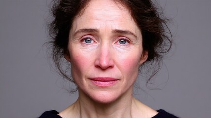 Close-up Portrait of a Woman with Natural Expression and Messy Hair Against a Plain Background