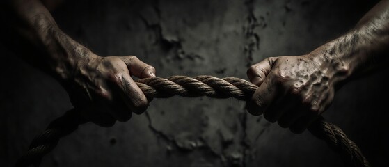 close-up of hands gripping a rope in intense struggle, monochrome paper texture background | business, competition, challenge, strength, determination theme