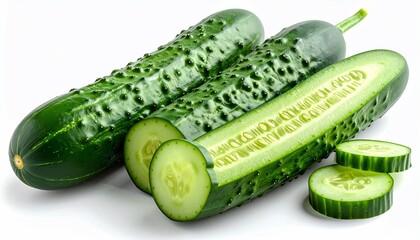 Fresh Cucumber with Cut  Whole, Closeup on White Background, and Healthy Eating.