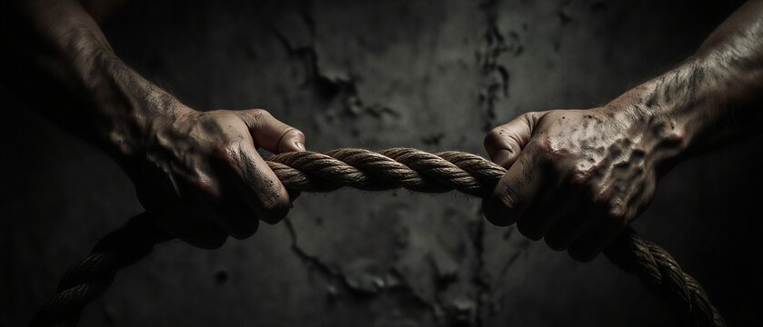close-up of hands gripping a rope in intense struggle, monochrome paper texture background | business, competition, challenge, strength, determination theme
