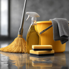 Minimalist Composition of Professional Cleaning Supplies on Clean Reflective Wet Floor – Mop Bucket, Spray Bottle, and Microfiber Cloths with Shallow Depth of Field