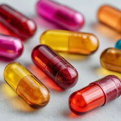 Bright Pill Capsules Scattered on White Surface with Copy Space – Medical and Pharmaceutical Concept with Clean Background
