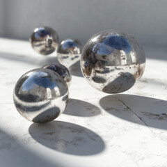 Floating Metallic Spheres Casting Shadows on White Floor – Minimalist Abstract Composition with Reflective Surfaces and Clean Background