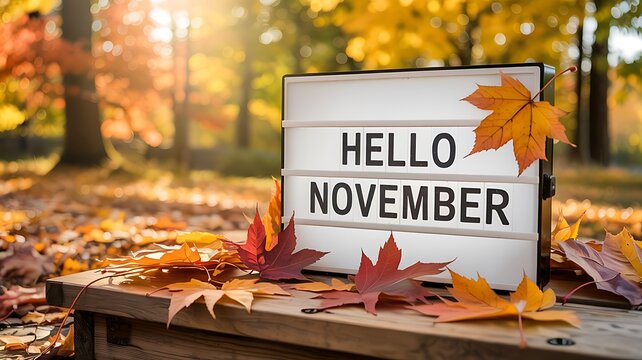 Hello november message on a light box surrounded by colorful autumn leaves and trees in a forest setting during golden hour