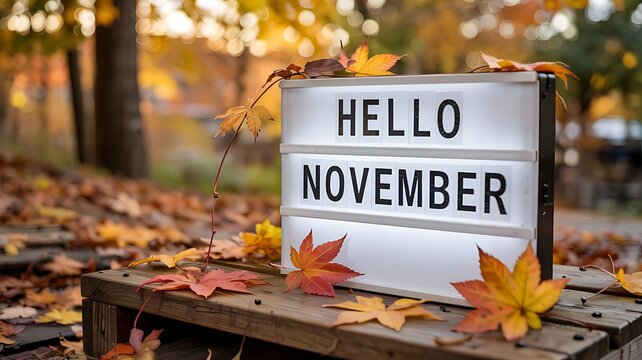 Hello november message on a light box surrounded by colorful autumn leaves on a wooden surface in a forest setting