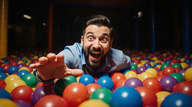 unexpected moment of happiness: a businessman finds playful release in a vibrant ball pit adventure | business, humor, relaxation, play, childhood theme
