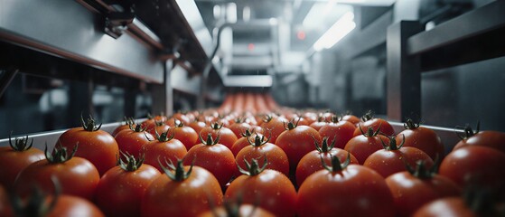 automated tomato processing line showcasing food industry quality control and packaging process | food, agriculture, manufacturing, technology, quality control theme