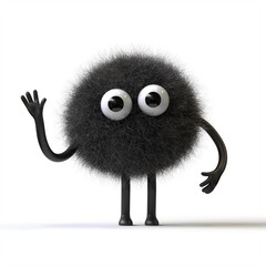 Fluffy, cute monster waving, symbolizing greeting or friendliness. 3D rendering, conceptual image. Isolated on white background.