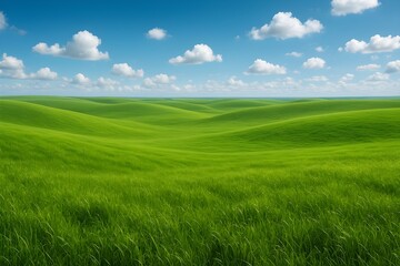 Obraz premium Expansive Green Rolling Hills Landscape Under a Bright Blue Sky with White Clouds