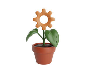 Innovative growth concept where a gear forms a flower, symbolizing technological advancement and business development in a clean, modern style