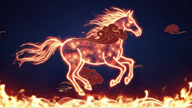 2026 Golden Particle Running Horse Flame Background