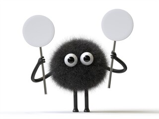 Fluffy, cute monster holds a blank sign, symbolizes information and advertising display. 3D rendering, conceptual image. Isolated on white background.