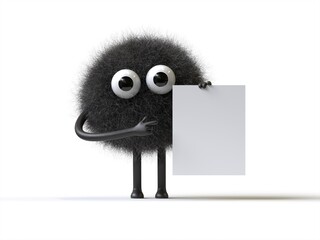 Fluffy, cute monster holds a blank sign, symbolizes information and advertising display. 3D rendering, conceptual image. Isolated on white background.