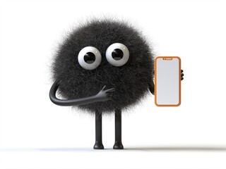 Fluffy, cute monster holding a phone, symbolizing tech support or communication. 3D rendering, conceptual image. Isolated on white background.