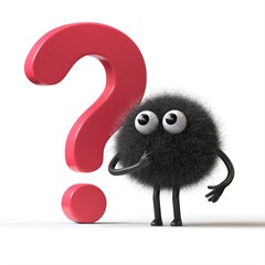 Fluffy, cute monster beside a question mark, symbolizing inquiry or curiosity. 3D rendering, conceptual image. Isolated on white background.