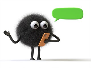 Fluffy, cute monster with phone and speech bubble, symbolizes customer service. 3D rendering, conceptual image. Isolated on white background.