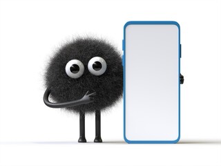 Fluffy, cute monster with a smartphone, symbolizing modern communication. 3D rendering, conceptual image. Isolated on white background.