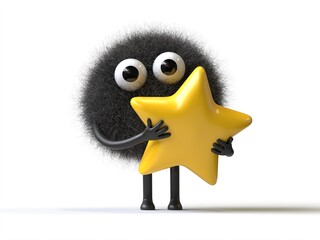 Fluffy, cute monster holding a star, symbolizing achievement or rating. 3D rendering, conceptual image. Isolated on white background.