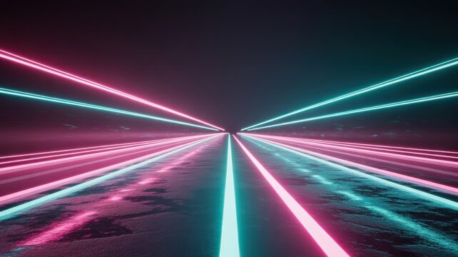 Neon abstract highway with pink and cyan glowing lines receding into darkness road tunnel - Powered by Adobe