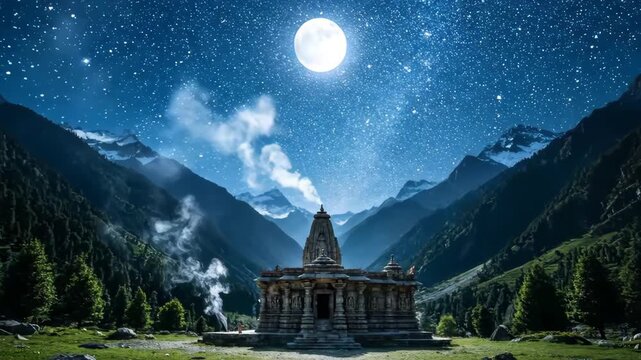 Maha shivratri spiritual night ancient temple in himalayas under full moon and starry sky hindu festival celebration