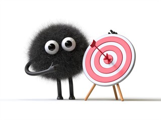Fluffy, cute monster with a target, symbolizing goals or achievements. 3D rendering, conceptual image. Isolated on white background.