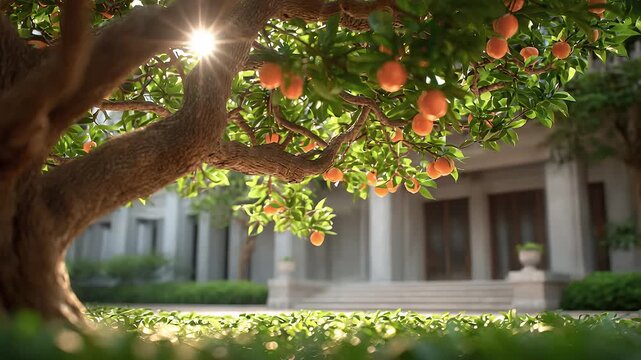 Sunlight Filtering Through Orange Tree in Tranquil Courtyard