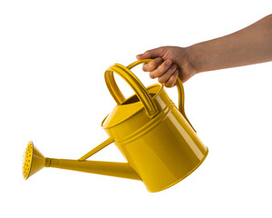 Hand holding bright yellow watering can, ready to nurture plants and gardens with a touch of vibrant color and care