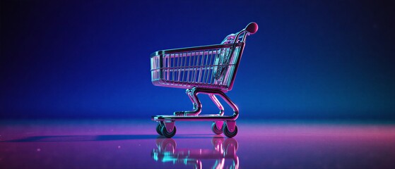 futuristic magenta shopping cart reflecting deep purple hues in a virtual retail display | ecommerce, technology, consumerism, marketing, advertising theme
