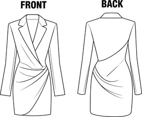Women’s fashion technical illustration, blazer dress design, front and back view, wrap bodice, draped skirt, asymmetrical pleats, garment sketch, apparel template, vector drawing, clothing design
