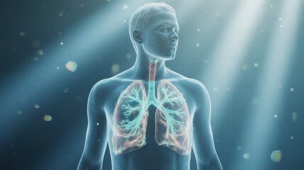 Transparent human torso showing glowing blue lungs and trachea with light rays respiratory